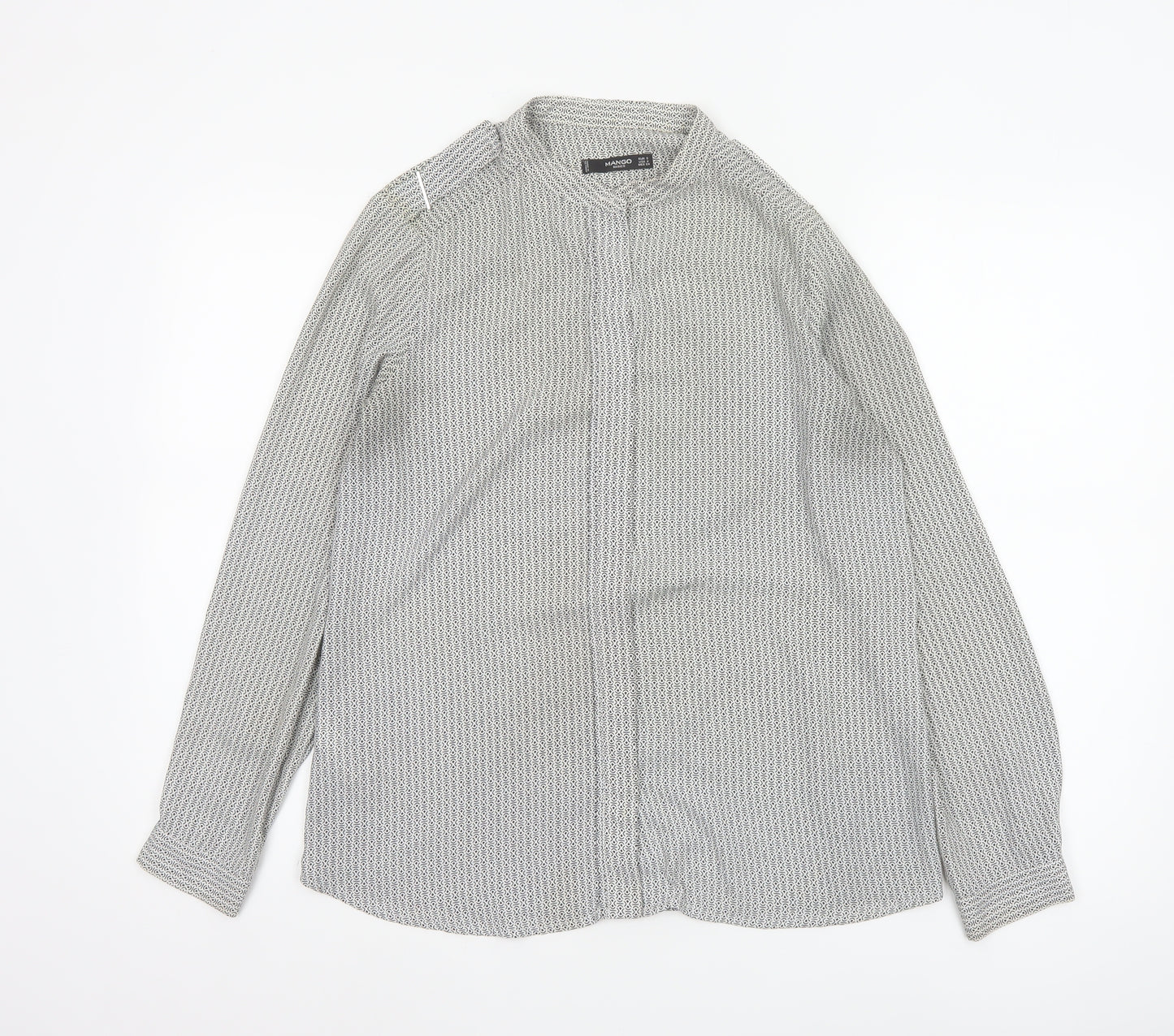 Mango Women White Geometric Button-Up Long Sleeve Blouse Size S