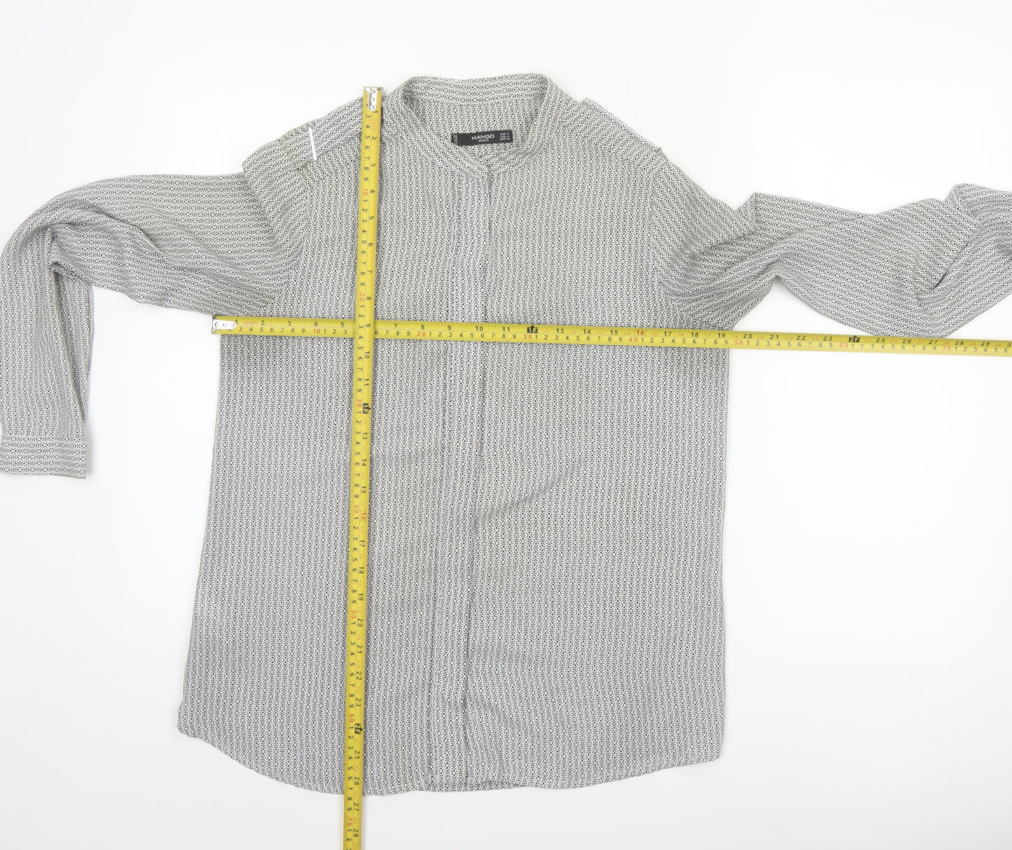 Mango Women White Geometric Button-Up Long Sleeve Blouse Size S