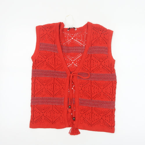 Marks and Spencer Women Red Knit Bohemian Sleeveless Tie Blouse Size S