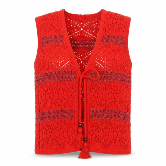 Front view of Marks & Spencer Women Red Knit Bohemian Sleeveless Tie Blouse, size S