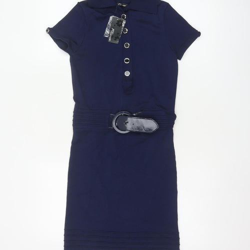 Jane Norman Women Blue Size 12 Collared Belted Shirt Dress
