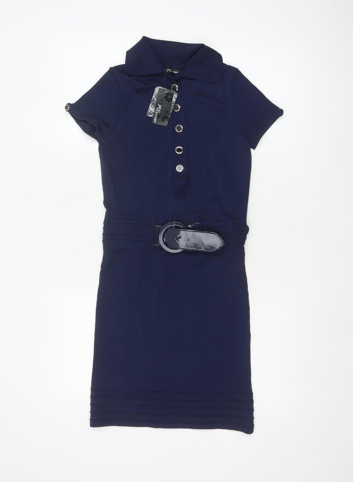 Jane Norman Women Blue Size 12 Collared Belted Shirt Dress