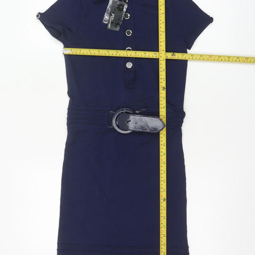 Jane Norman Women Blue Size 12 Collared Belted Shirt Dress