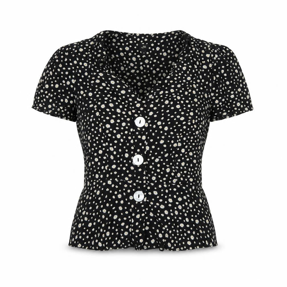 Front view of River Island Women’s Black Floral Button Blouse, size UK 8, Viscose