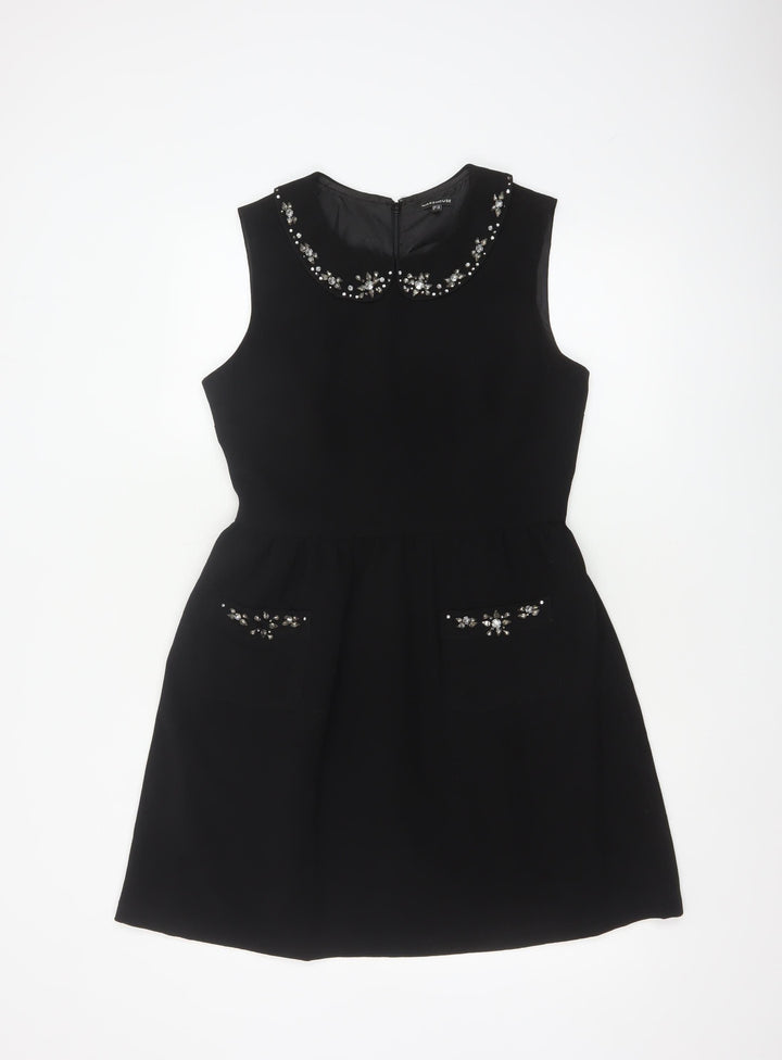 Warehouse Women Black Size 12 A-Line Sleeveless Embellished Dress