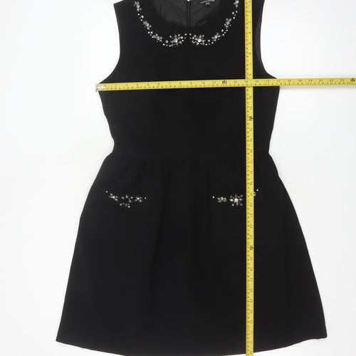 Warehouse Women Black Size 12 A-Line Sleeveless Embellished Dress