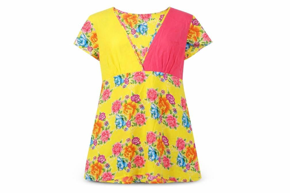 Front view of Ringspun women’s multicoloured silk floral tunic blouse, size UK 6