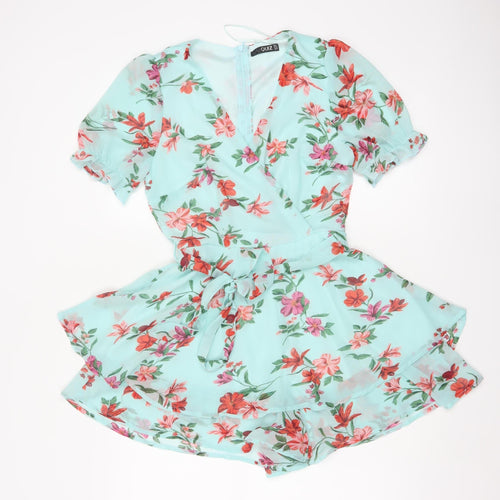 Quiz Women’s Blue Floral Short Wrap Dress Size 6 Belted Ruffle Chiffon