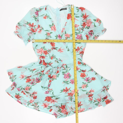 Quiz Women’s Blue Floral Short Wrap Dress Size 6 Belted Ruffle Chiffon