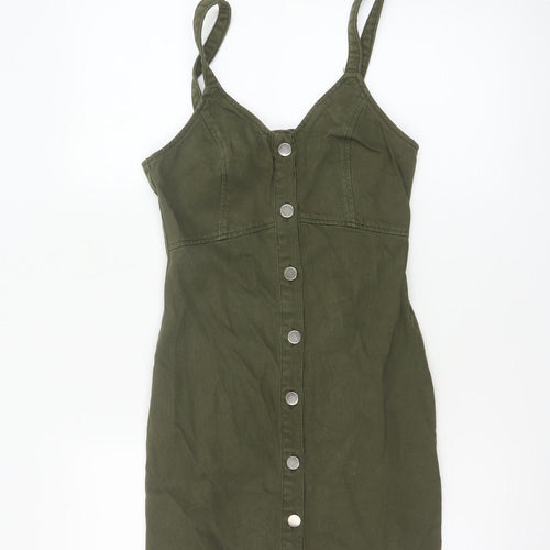 Topshop Women Green Cotton Button Front Pinafore Dress UK 6