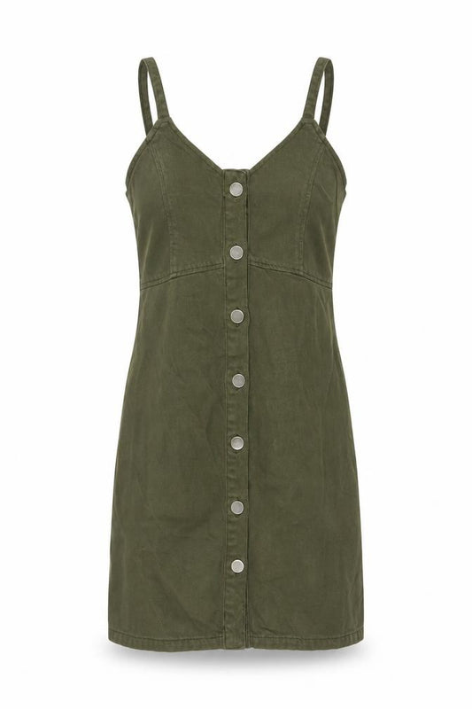 Front view of Topshop Women Green Cotton Button Front Pinafore Dress UK 6