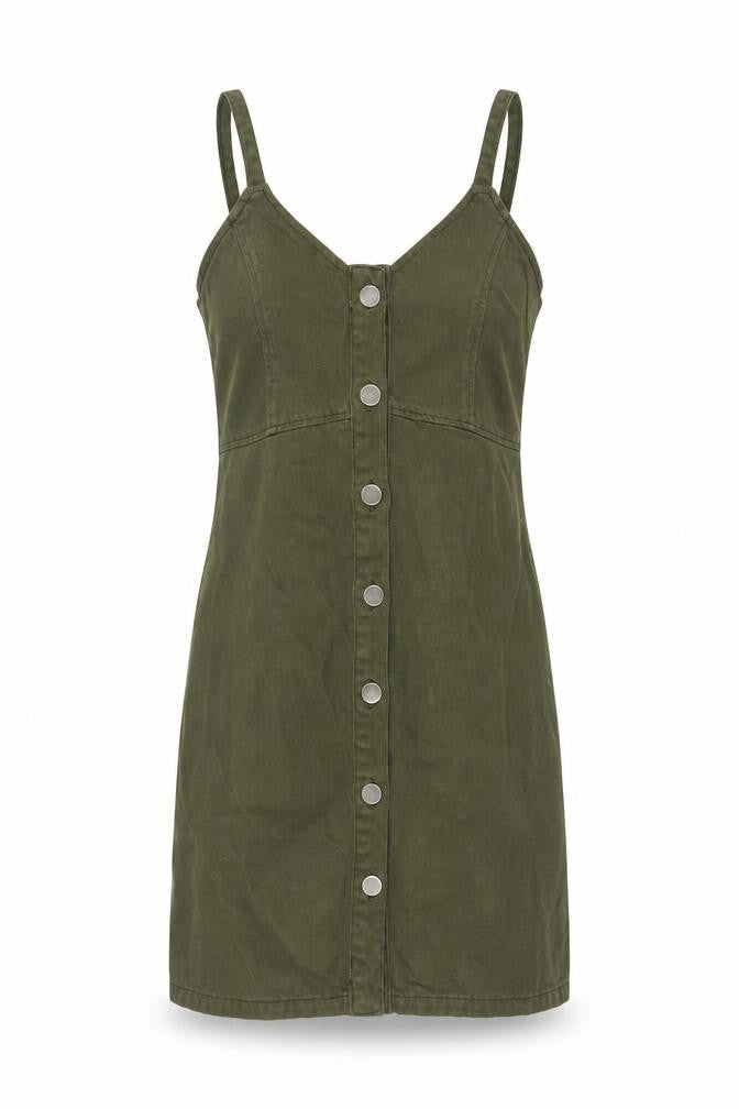 Topshop Women Green Cotton Button Front Pinafore Dress UK 6