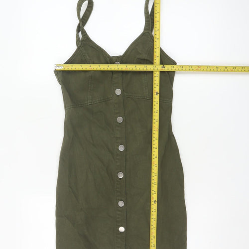 Topshop Women Green Cotton Button Front Pinafore Dress UK 6