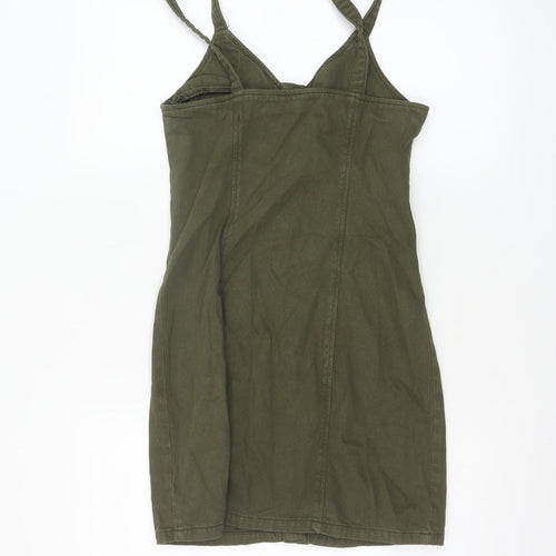 Topshop Women Green Cotton Button Front Pinafore Dress UK 6