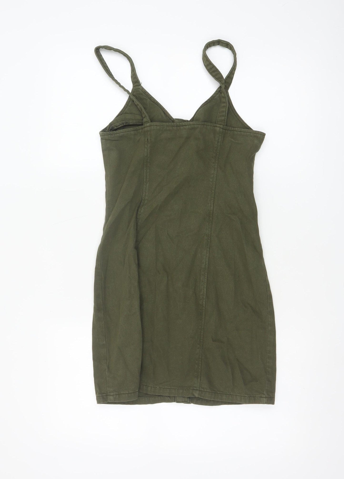 Topshop Women Green Cotton Button Front Pinafore Dress UK 6