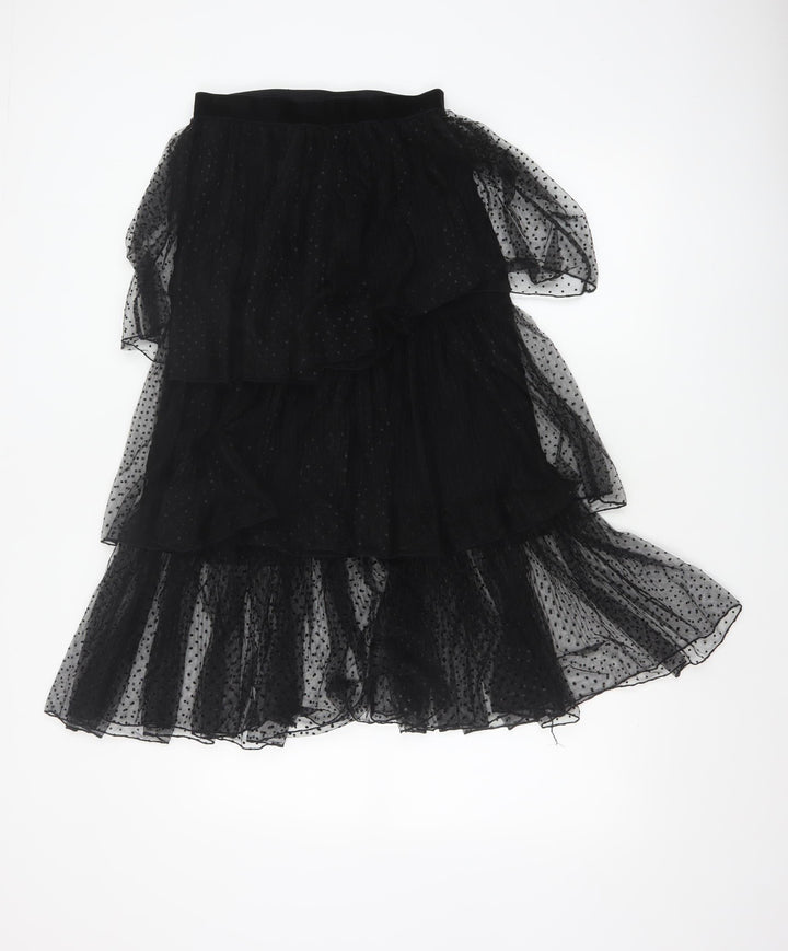 Zara Women Black Polka Dot Layered Chiffon Midi Skirt S