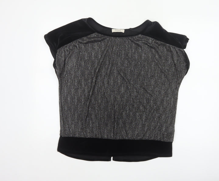 Oasis Women’s Black Velvet Trim Blouse Size M Short Sleeve