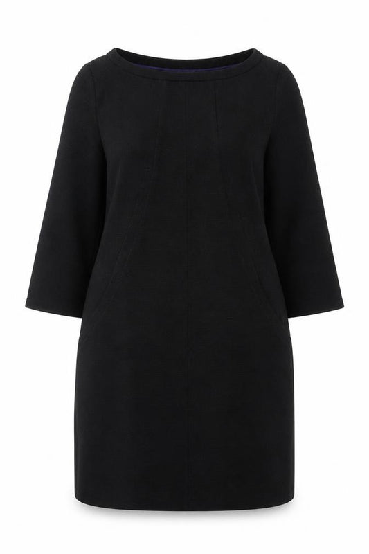 Front view of Boden Women Black Shift Dress, size 10, Petite 3/4 Sleeve Knit Workwear