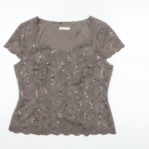 Jacques Vert Petite Women’s Brown Sequin Lace Short Sleeve Top UK 14