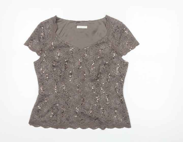 Jacques Vert Petite Women’s Brown Sequin Lace Short Sleeve Top UK 14