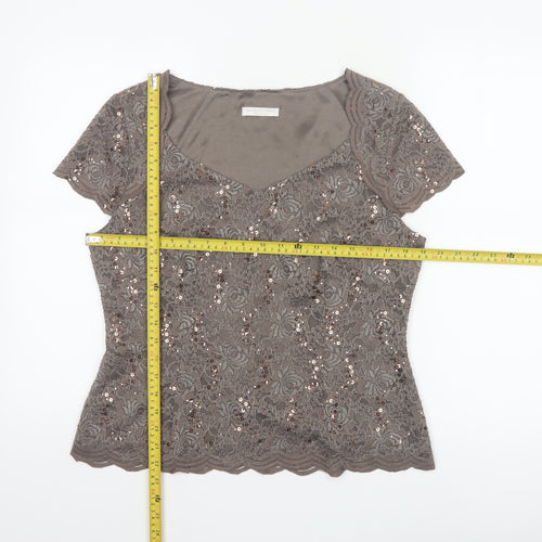 Jacques Vert Petite Women’s Brown Sequin Lace Short Sleeve Top UK 14