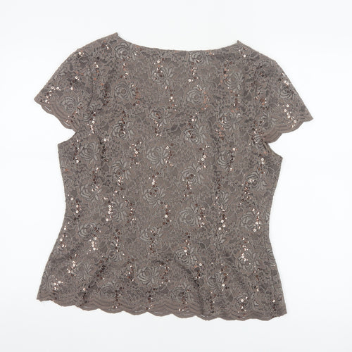 Jacques Vert Petite Women’s Brown Sequin Lace Short Sleeve Top UK 14