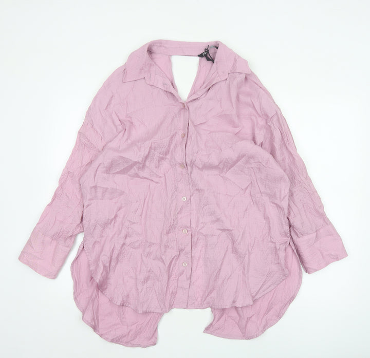 ZARA Women Pink Crinkle Lyocell Blend Button-Up Shirt Size 12