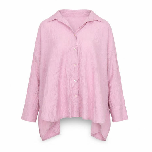 Front view of Zara Women Pink Crinkle Lyocell Blend Button-Up Shirt, size 12