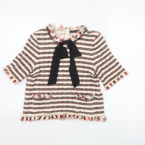 Zara Woman Multicoloured Striped Tweed Blouse with Bow Neck in Size L
