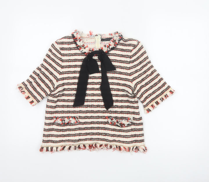 Zara Woman Multicoloured Striped Tweed Blouse with Bow Neck in Size L