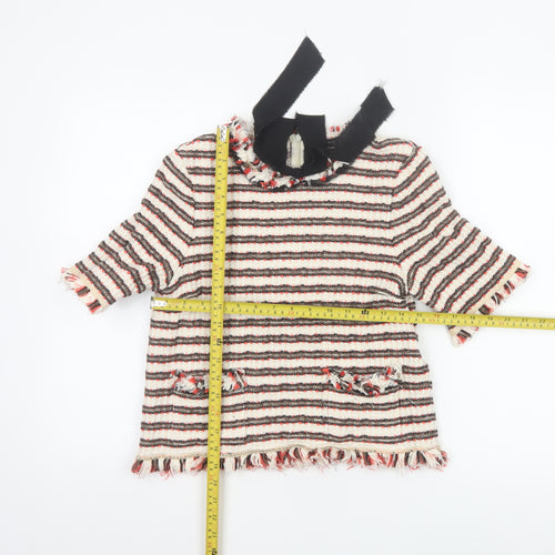 Zara Woman Multicoloured Striped Tweed Blouse with Bow Neck in Size L