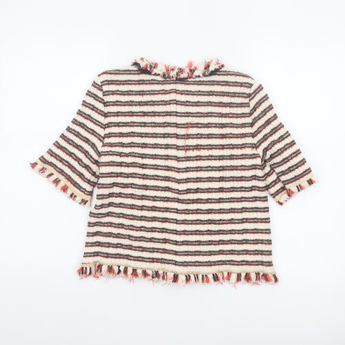 Zara Woman Multicoloured Striped Tweed Blouse with Bow Neck in Size L