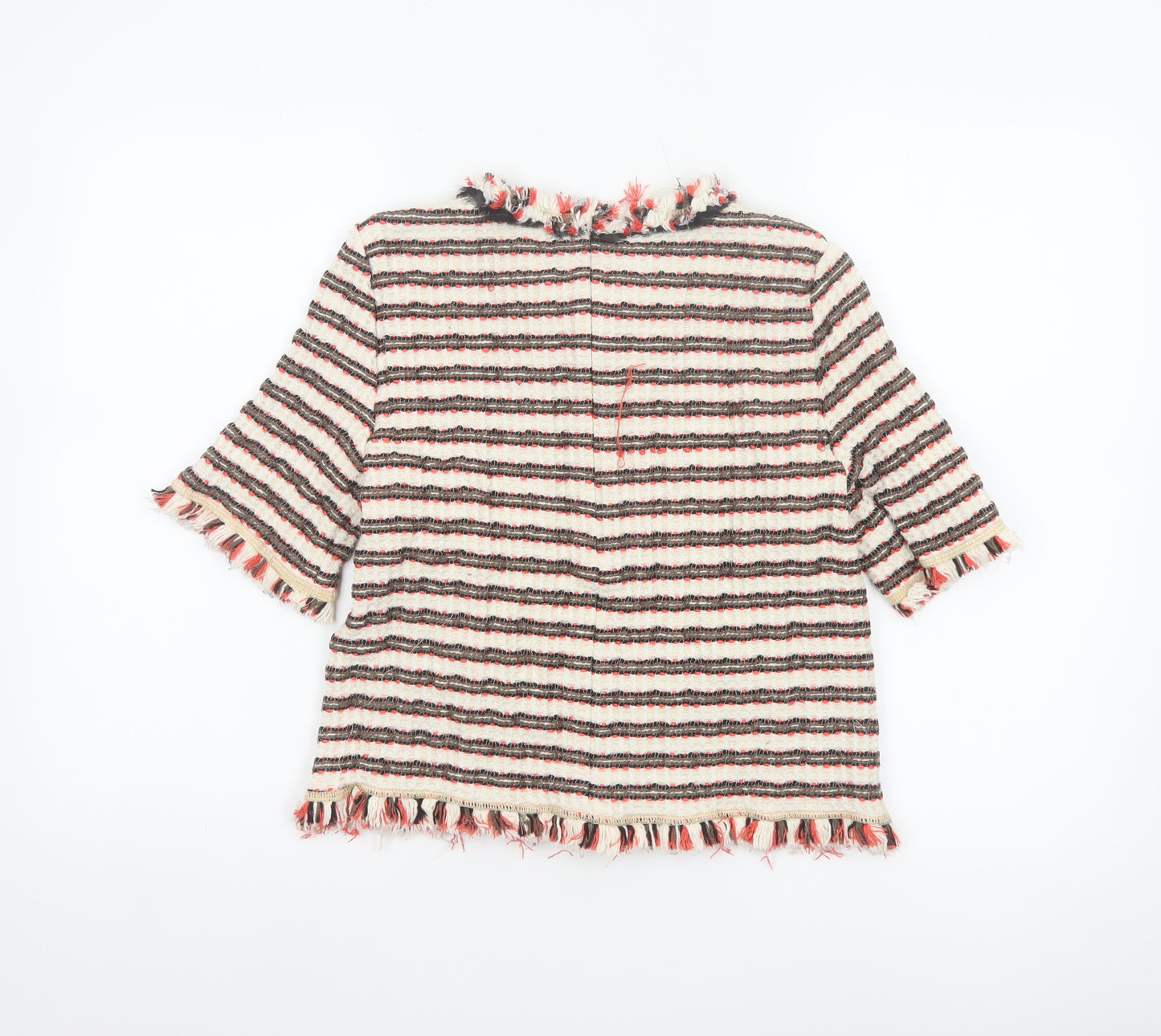 Zara Woman Multicoloured Striped Tweed Blouse with Bow Neck in Size L