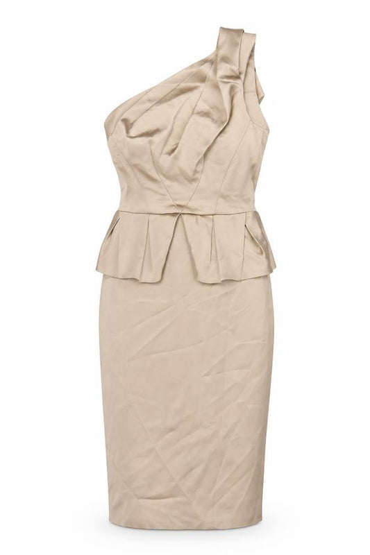 Front view of Karen Millen Women's Beige One Shoulder Peplum Sheath Dress UK 10