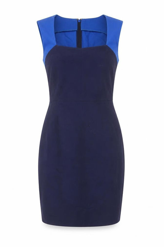 Front view of Banana Republic Women Blue Colourblock Sheath Dress, size 10, Petite