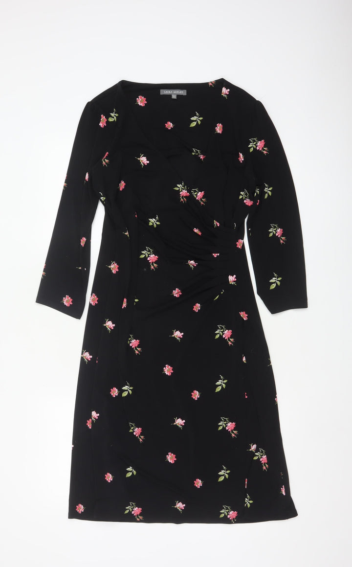 Laura Ashley Women’s Black Floral Wrap Dress Size 10 3/4 Sleeve
