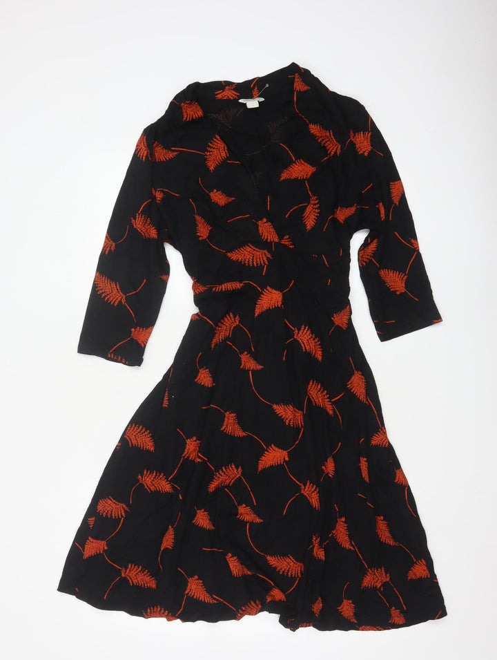 Monsoon Womens Black Red Floral Wrap Dress Size 18 Viscose 3/4 Sleeve