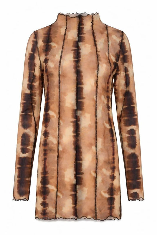 Front view of ASOS DESIGN Women's Brown Tie Dye Mesh Bodycon Mini Dress, size 8