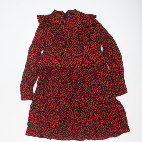 Zara Women Red Animal Print Long Sleeve Ruffle A-Line Dress XS
