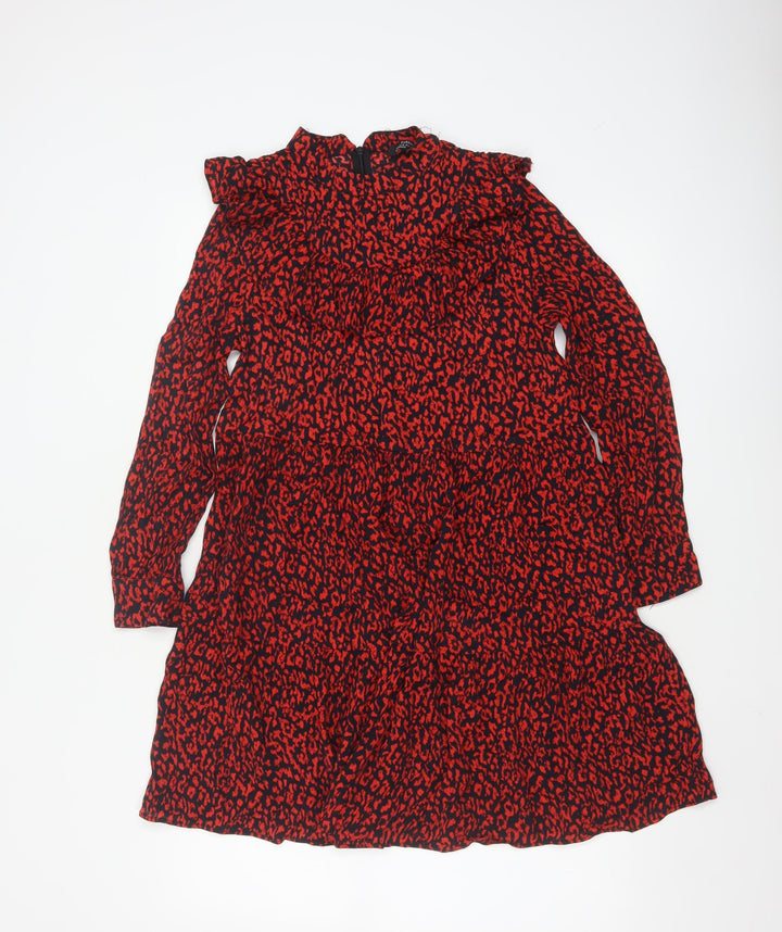 Zara Women Red Animal Print Long Sleeve Ruffle A-Line Dress XS