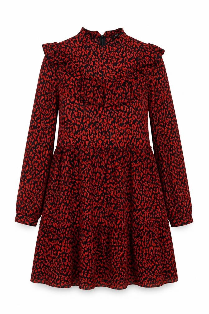 Zara Women Red Animal Print Long Sleeve Ruffle A-Line Dress XS