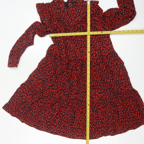 Zara Women Red Animal Print Long Sleeve Ruffle A-Line Dress XS