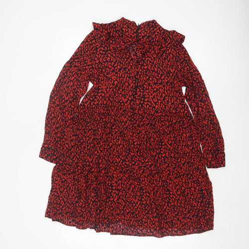 Zara Women Red Animal Print Long Sleeve Ruffle A-Line Dress XS