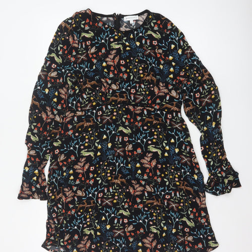 Warehouse Women Black Animal Print A-Line Long Sleeve Dress Size 16