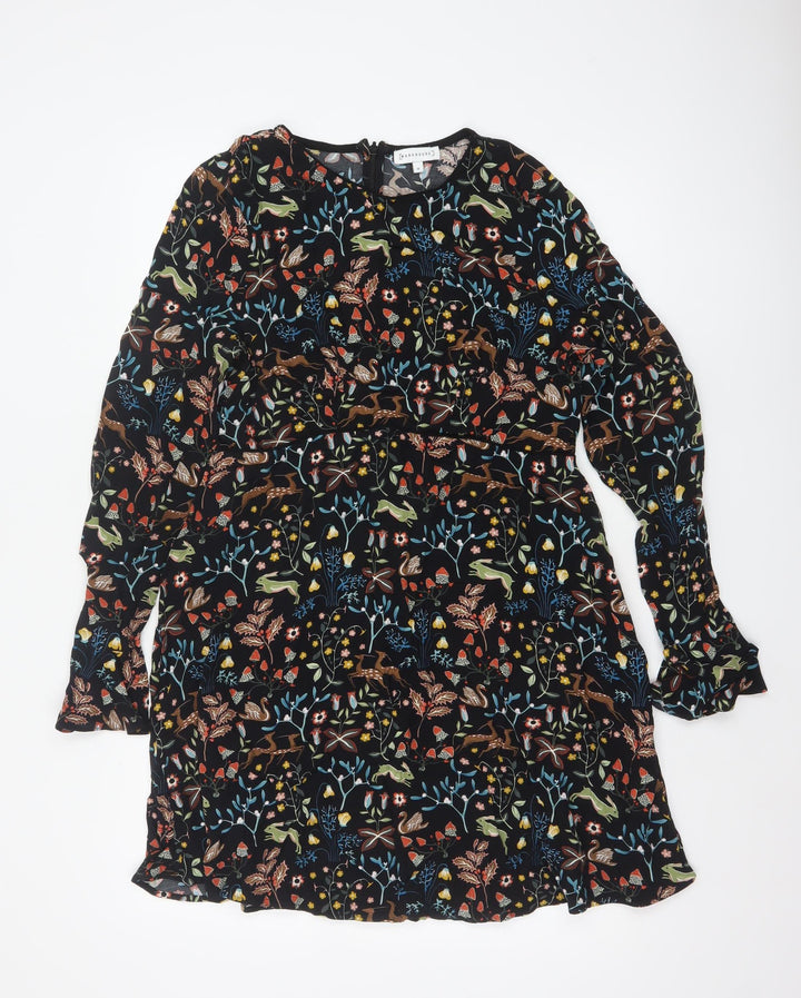 Warehouse Women Black Animal Print A-Line Long Sleeve Dress Size 16