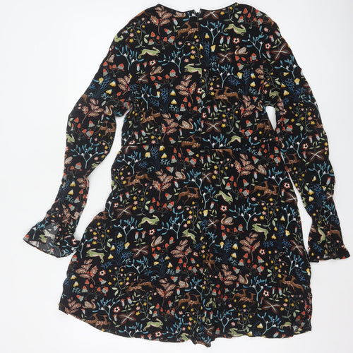 Warehouse Women Black Animal Print A-Line Long Sleeve Dress Size 16