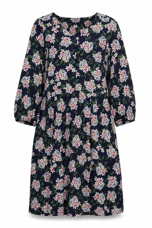 Front view of Joules Women’s Blue Floral Fit & Flare Dress, size UK 8, 3/4 Sleeve