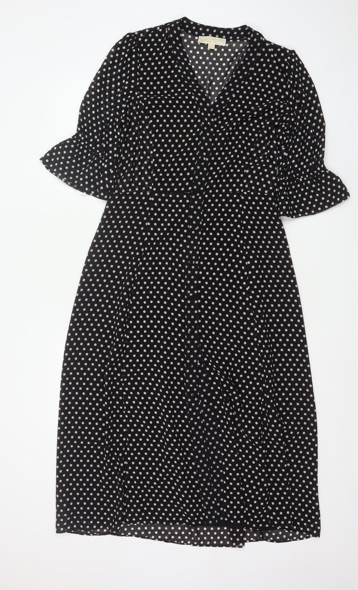 Michael Kors Women Black Polka Dot Midi Wrap Dress S