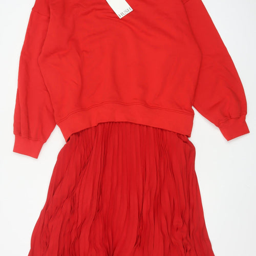 Hush Women Red Sweatshirt Pleated Knee Length Dress Size S