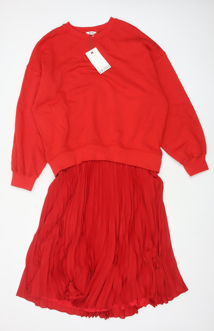 Hush Women Red Sweatshirt Pleated Knee Length Dress Size S